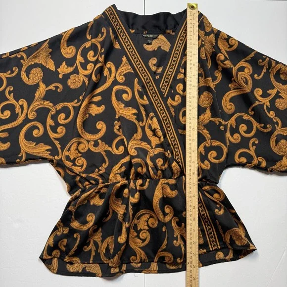 Guess Kimono Blouse Womens Medium Black Gold Baroque Floral Elastic Waist Top - Picture 4 of 5